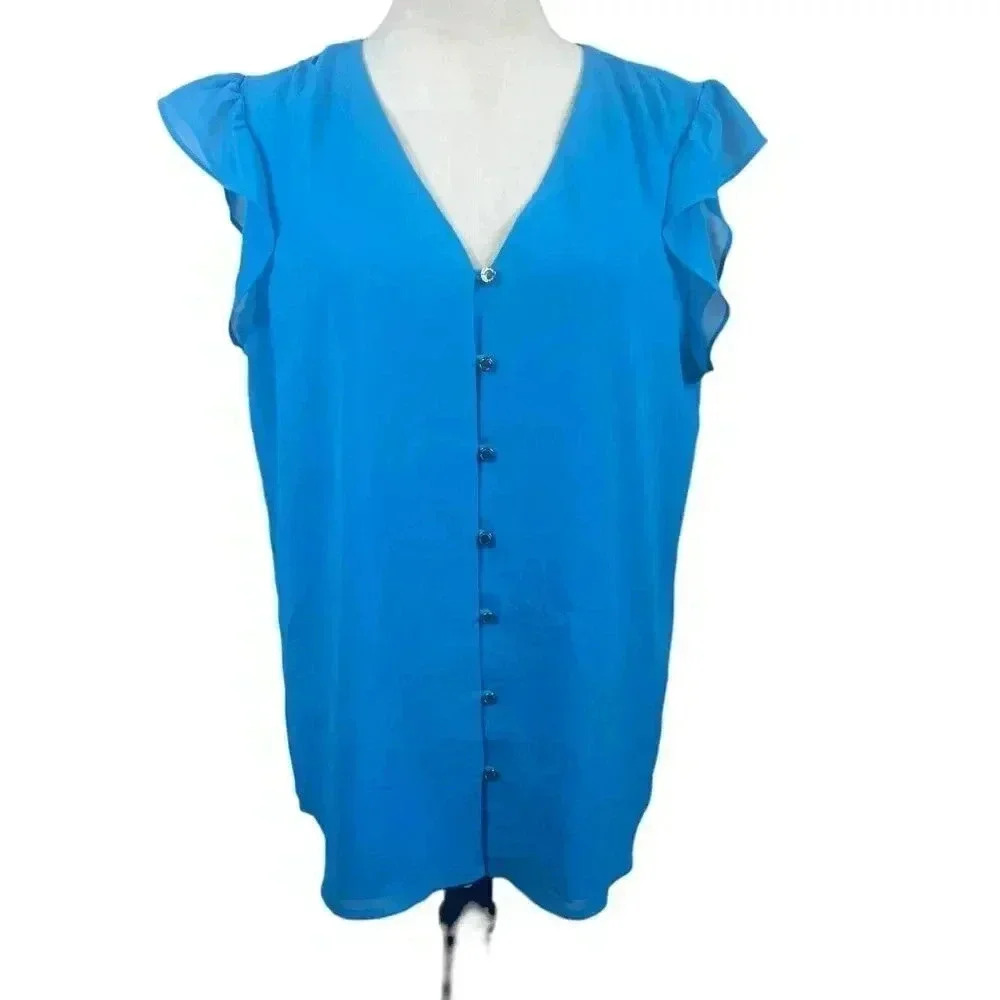 Calvin Klein blue flutter cap sleeve top with gold buttons size medium